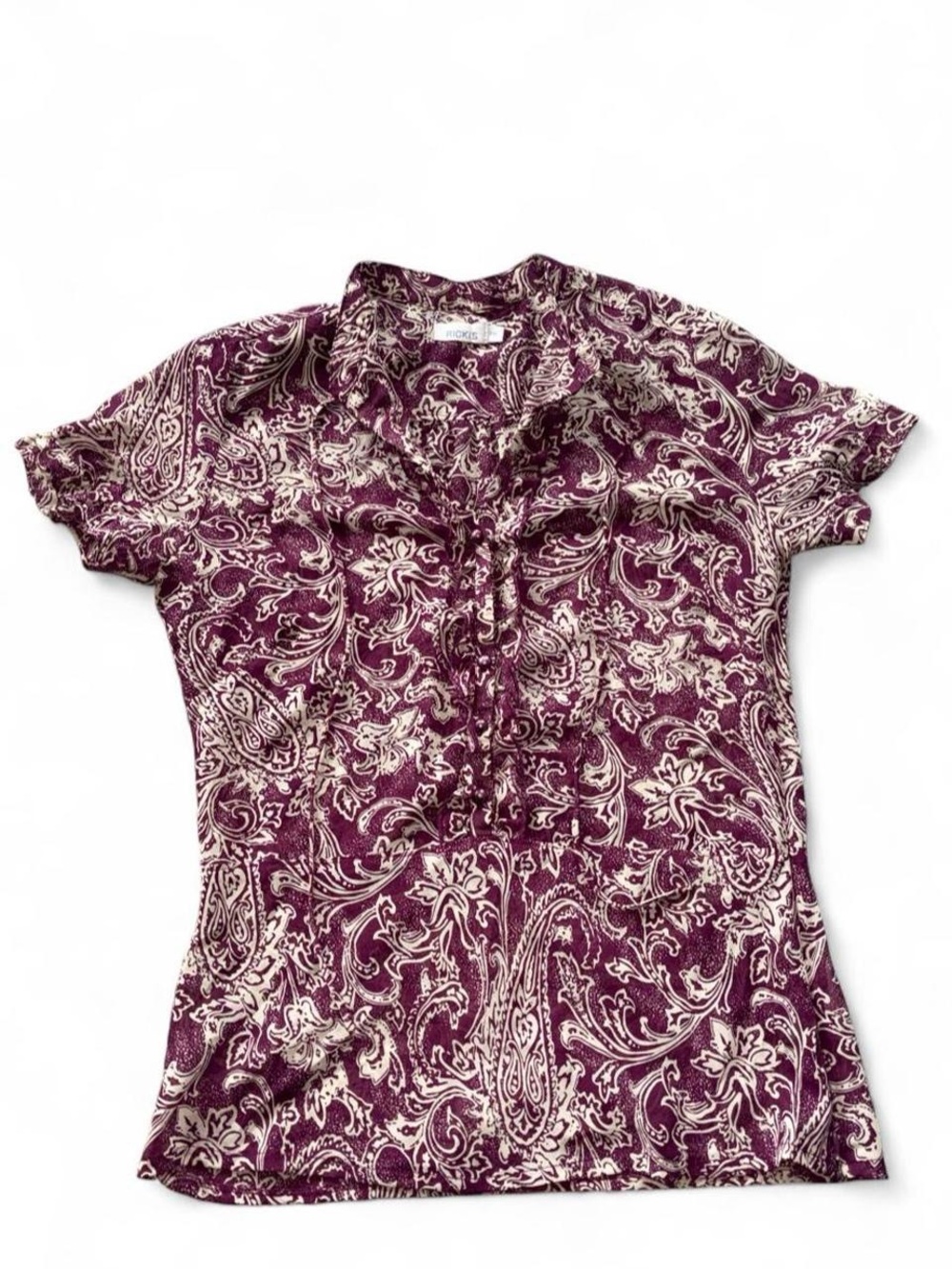 Ricki's Plum and Cream Paisley Ruffle-Front Short Sleeve Blouse